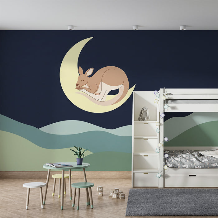 Papier peint chambre bébé | Kangourou endormi sur la lune dans un paysage nocturne apaisant
