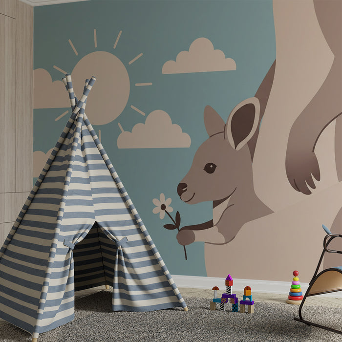 Barntapet | Känguru och dess unge under en solig himmel