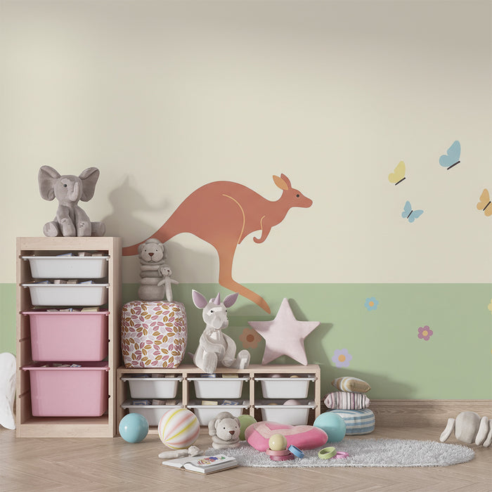 Barntapet | Glada kängurur och färgglada fjärilar i en blommande äng
