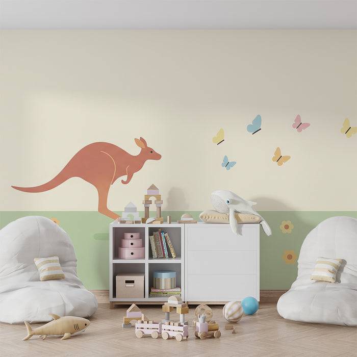 Barntapet | Glada kängurur och färgglada fjärilar i en blommande äng