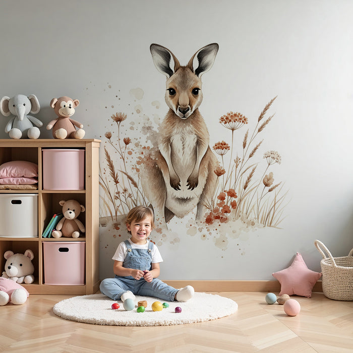 Papier peint chambre bébé | Kangourou mignon entouré de fleurs délicates