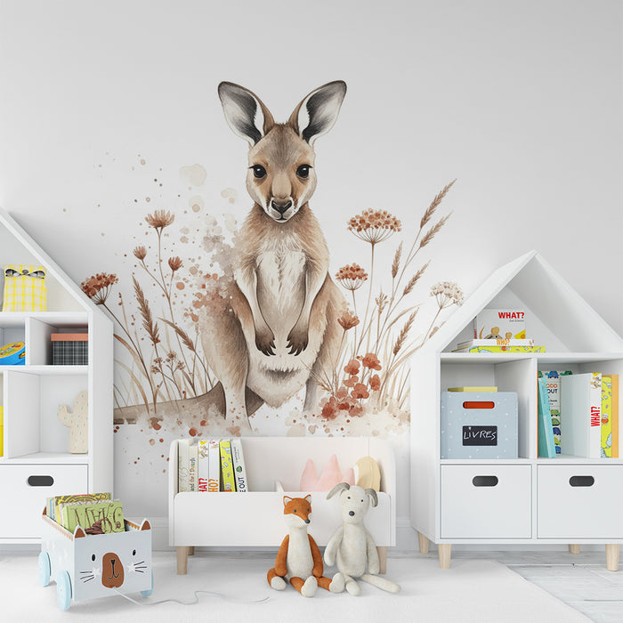 Papier peint chambre bébé | Kangourou mignon entouré de fleurs délicates