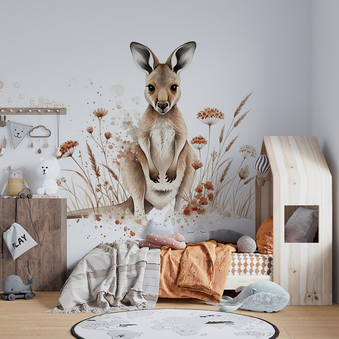 Papier peint chambre bébé | Kangourou mignon entouré de fleurs délicates