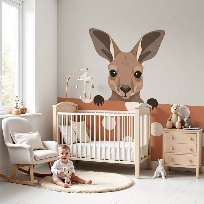 Barntapet | Söt känguru på terrakottafärgad prickig bakgrund