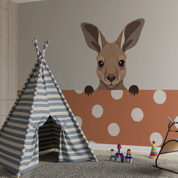 Barntapet | Söt känguru på terrakottafärgad prickig bakgrund