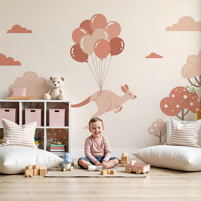 Papier peint chambre bébé | Kangourou volant avec des ballons dans un paysage doux