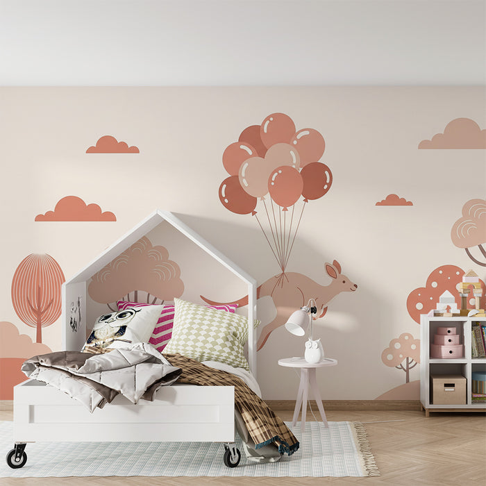 Papier peint chambre bébé | Kangourou volant avec des ballons dans un paysage doux