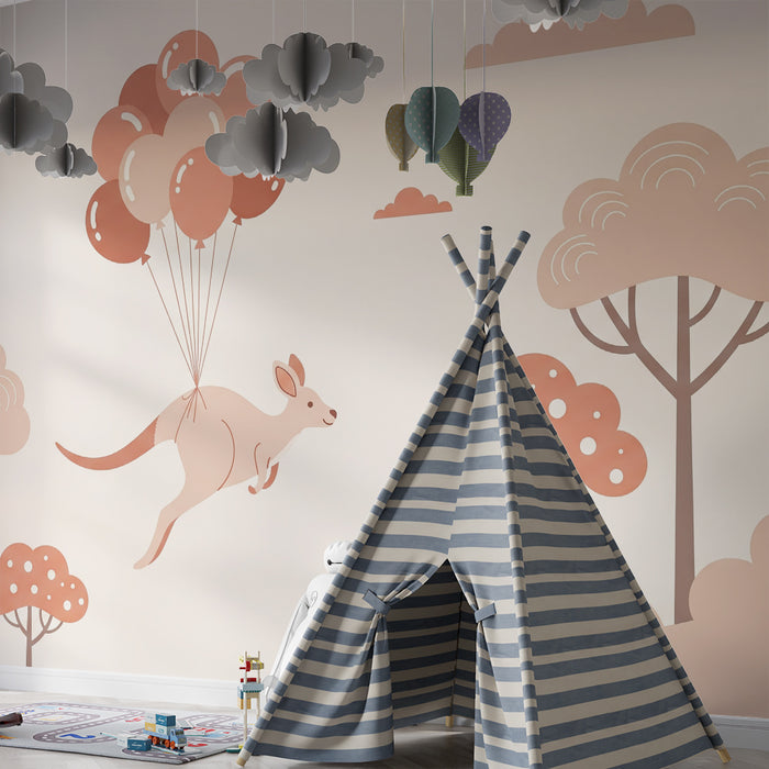 Papier peint chambre bébé | Kangourou volant avec des ballons dans un paysage doux
