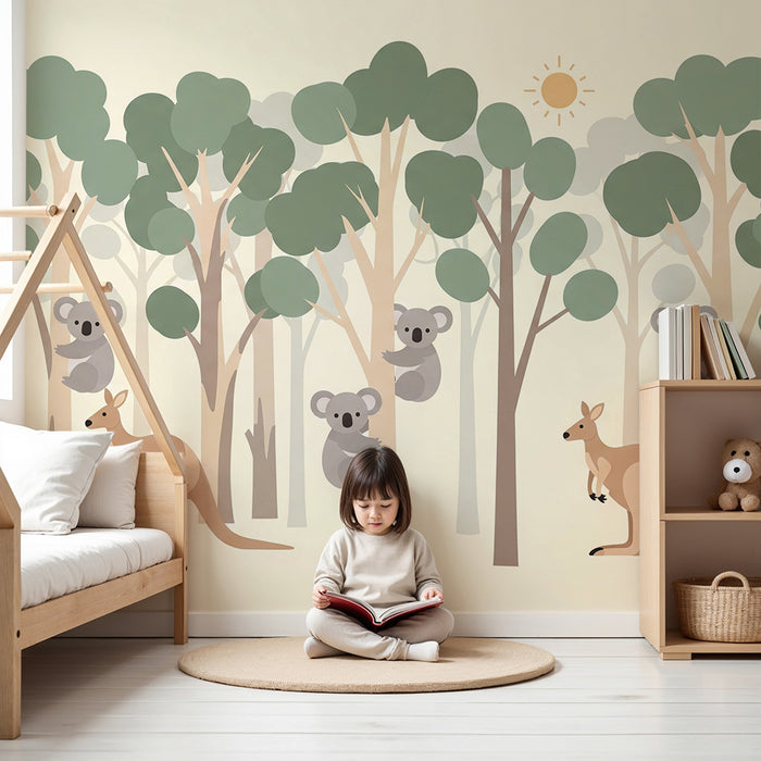 Baby room wallpaper | Kangaroos and koalas in a calming forest