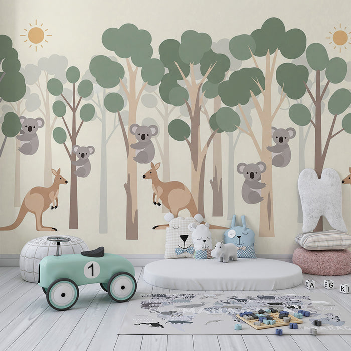 Baby room wallpaper | Kangaroos and koalas in a calming forest