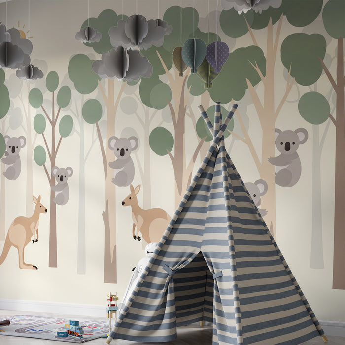 Baby room wallpaper | Kangaroos and koalas in a calming forest