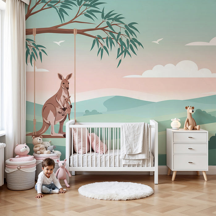 Papel de parede quarto bebê | Cangurus em um balanço em uma paisagem suave