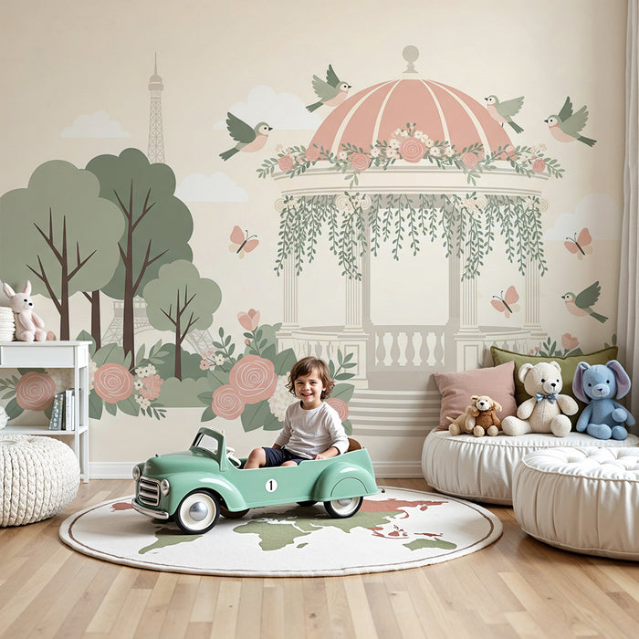 Papier peint chambre bébé | Kiosque fleuri avec oiseaux et fleurs délicates