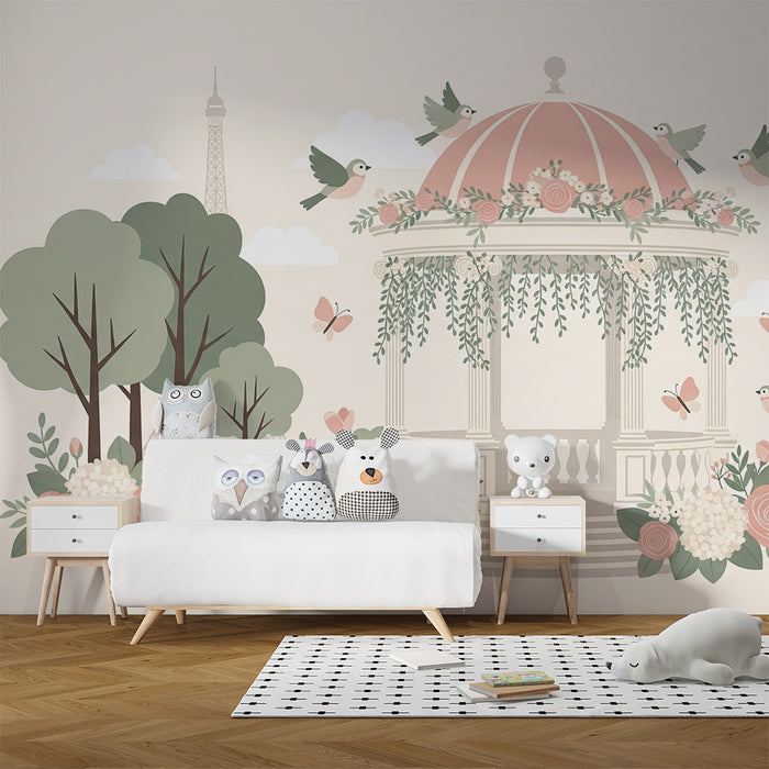 Papier peint chambre bébé | Kiosque fleuri avec oiseaux et fleurs délicates