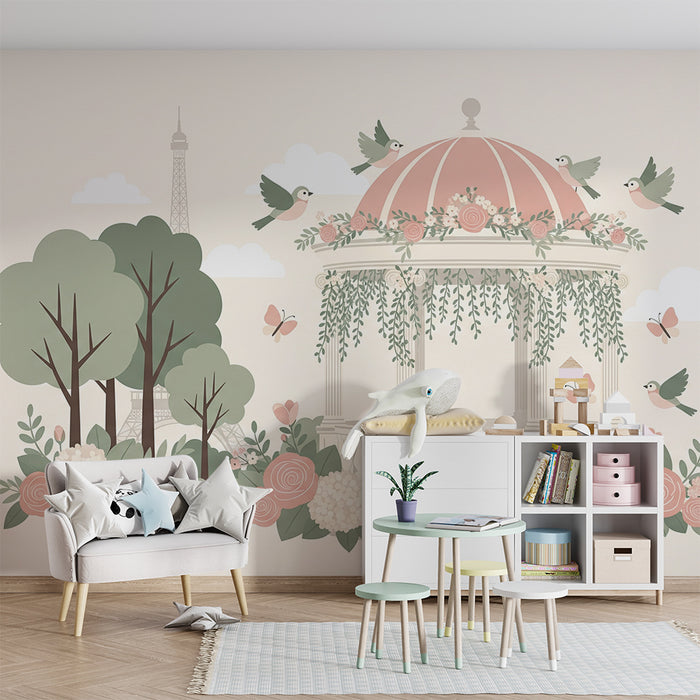 Papier peint chambre bébé | Kiosque fleuri avec oiseaux et fleurs délicates