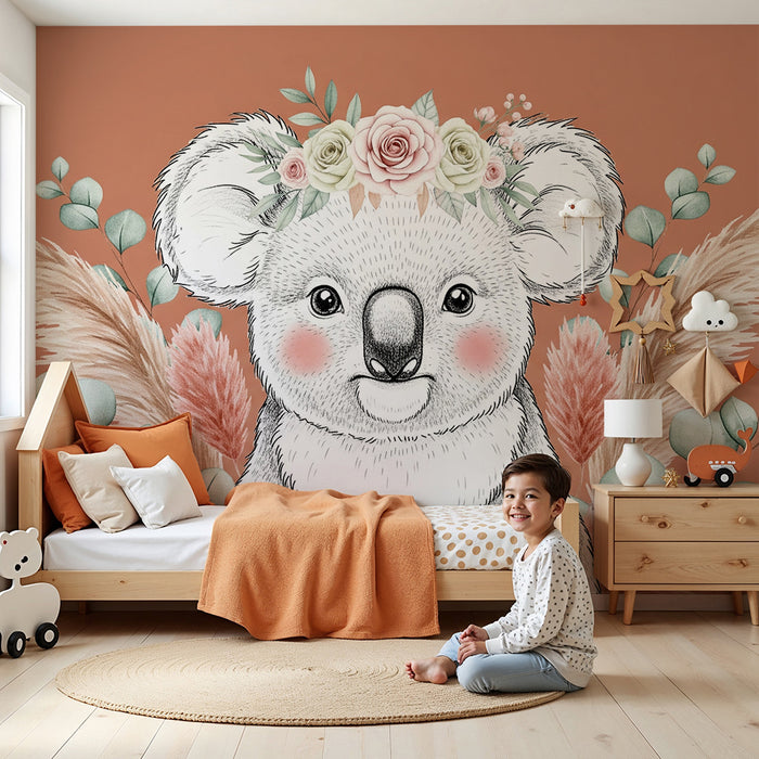 Nursery room wallpaper | Adorable koala with flowers