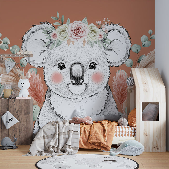 Nursery room wallpaper | Adorable koala with flowers