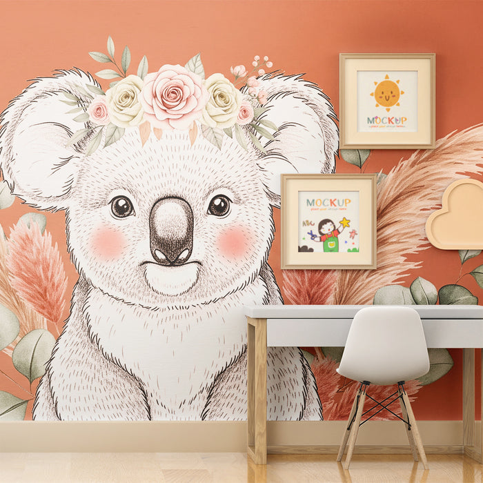 Nursery room wallpaper | Adorable koala with flowers