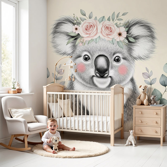 Nursery room wallpaper | Adorable koala with flowers and foliage