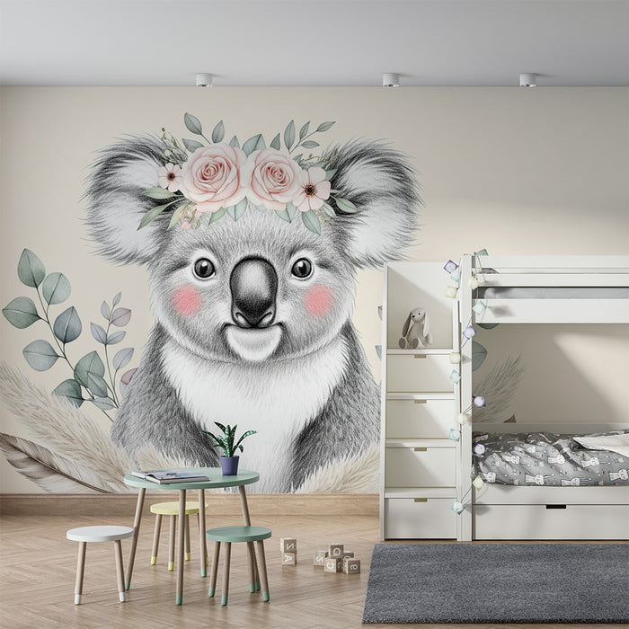 Nursery room wallpaper | Adorable koala with flowers and foliage