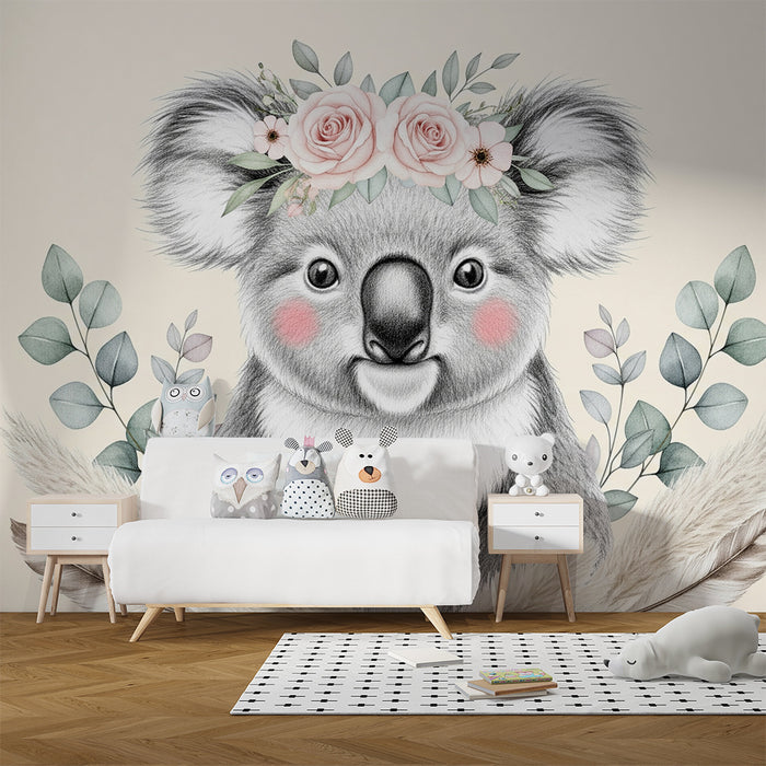 Nursery room wallpaper | Adorable koala with flowers and foliage