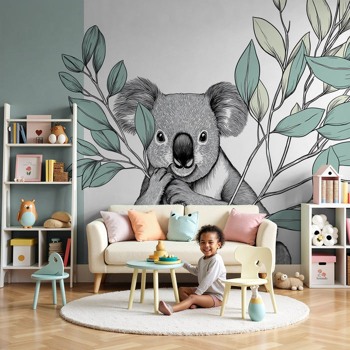 Tapet pentru camera de copii | Koala îmbrățișând înconjurat de frunziș delicat