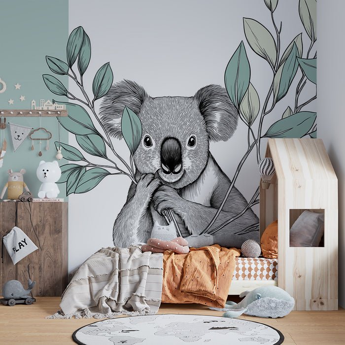 Tapet pentru camera de copii | Koala îmbrățișând înconjurat de frunziș delicat