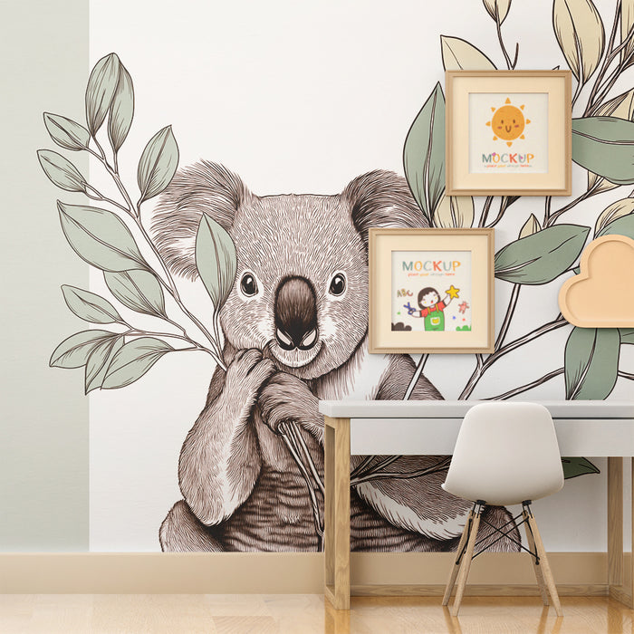 Tapet pentru camera de copii | Koala îmbrățișând înconjurat de frunziș delicat