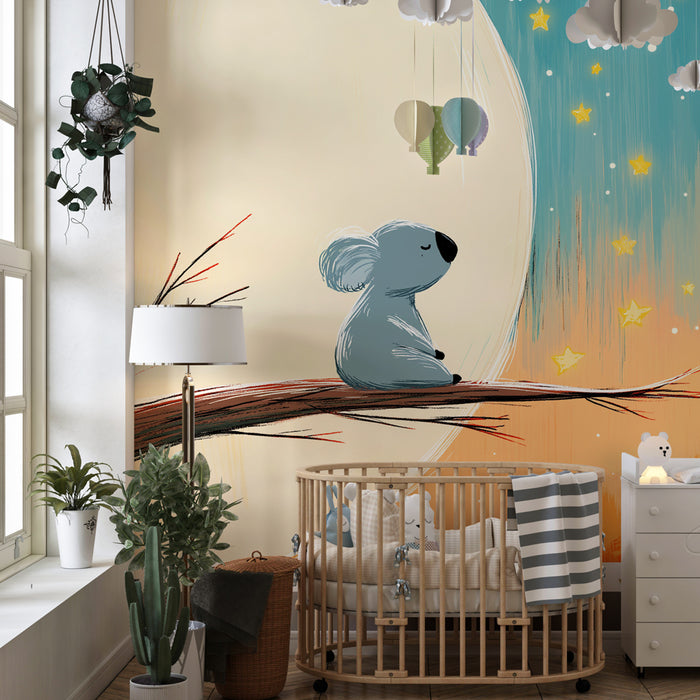 Papier peint chambre bébé | Koala contemplatif sous les étoiles