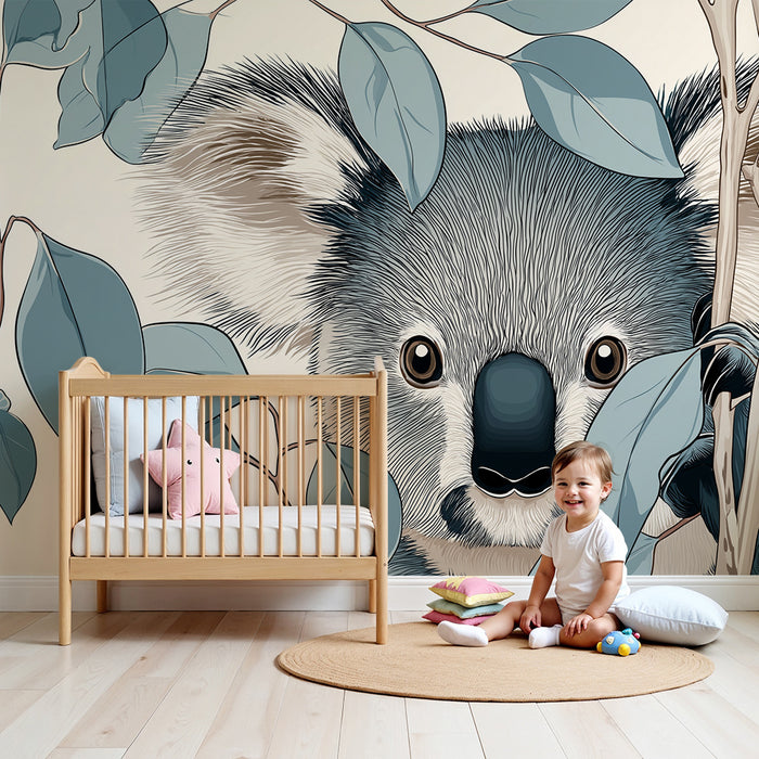 Babykamer behang | Nieuwsgierige koala verstopt tussen de bladeren