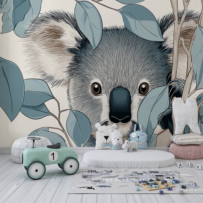 Babykamer behang | Nieuwsgierige koala verstopt tussen de bladeren