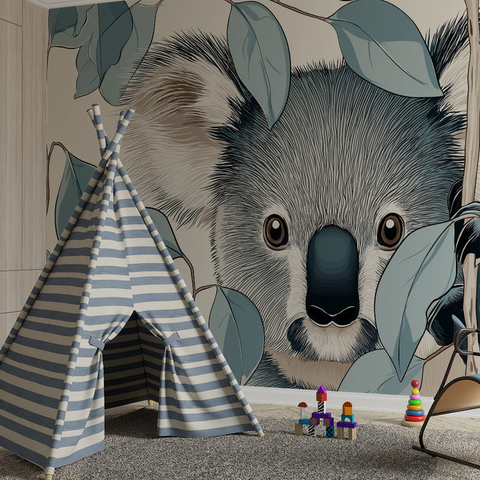 Babykamer behang | Nieuwsgierige koala verstopt tussen de bladeren