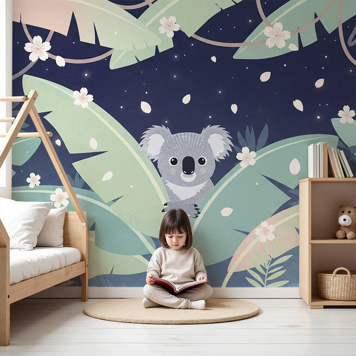 Nursery room wallpaper | Curious koala in the nighttime jungle