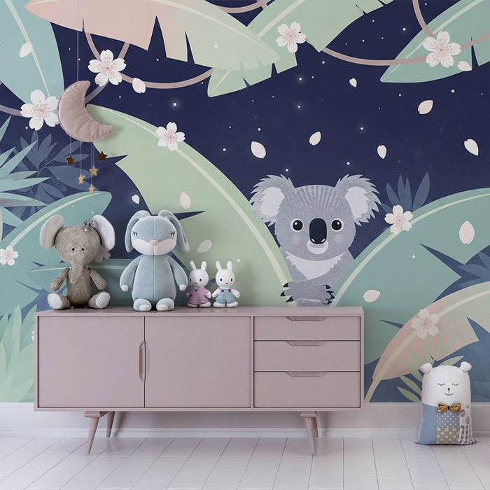 Nursery room wallpaper | Curious koala in the nighttime jungle