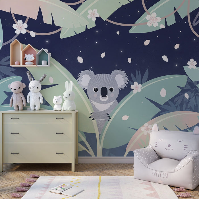 Nursery room wallpaper | Curious koala in the nighttime jungle