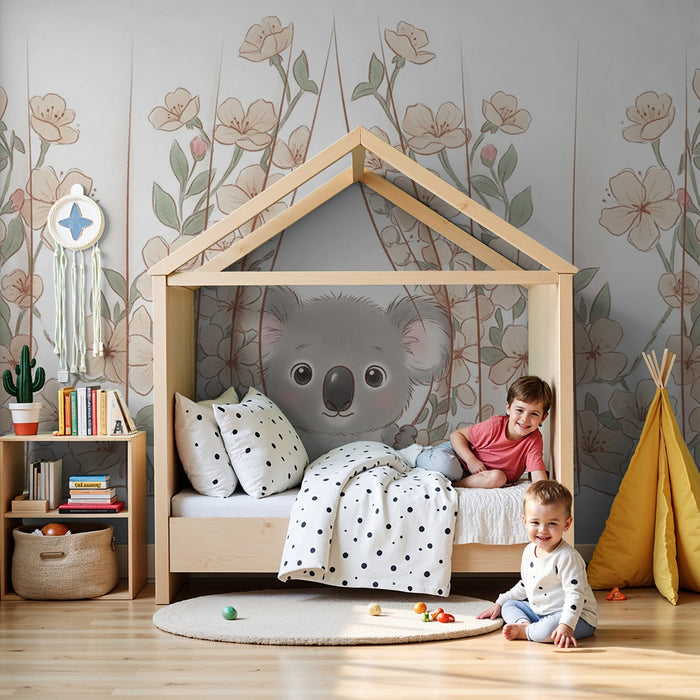 Nursery room wallpaper | Curious koala and delicate flowers