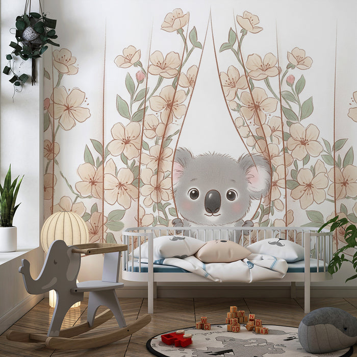 Nursery room wallpaper | Curious koala and delicate flowers