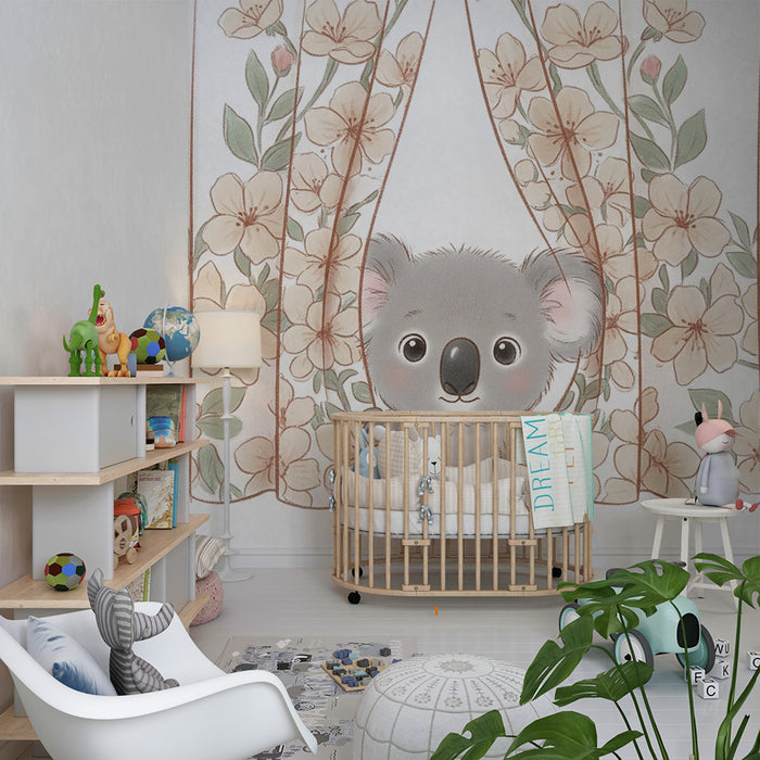 Nursery room wallpaper | Curious koala and delicate flowers