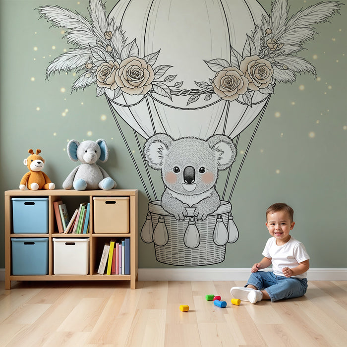 Nursery room wallpaper | Koala in a flowery hot air balloon