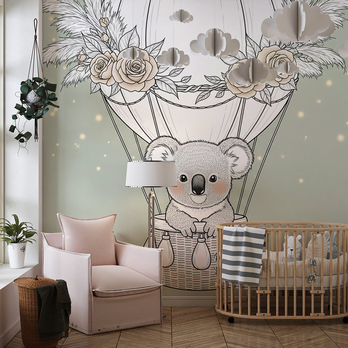 Nursery room wallpaper | Koala in a flowery hot air balloon