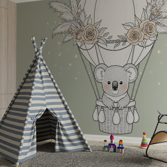 Nursery room wallpaper | Koala in a flowery hot air balloon