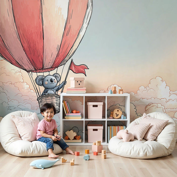 Papel pintado infantil | Koala en un globo aerostático sobre las nubes