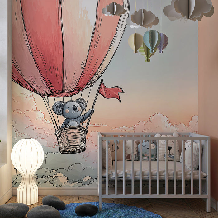 Papel pintado infantil | Koala en un globo aerostático sobre las nubes