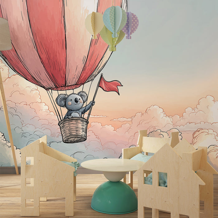 Papel pintado infantil | Koala en un globo aerostático sobre las nubes