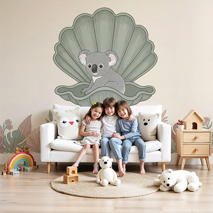 Nursery room wallpaper | Koala in a shell with tropical leaves