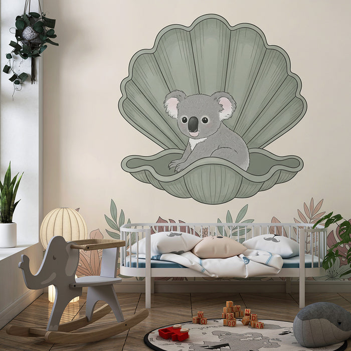 Nursery room wallpaper | Koala in a shell with tropical leaves