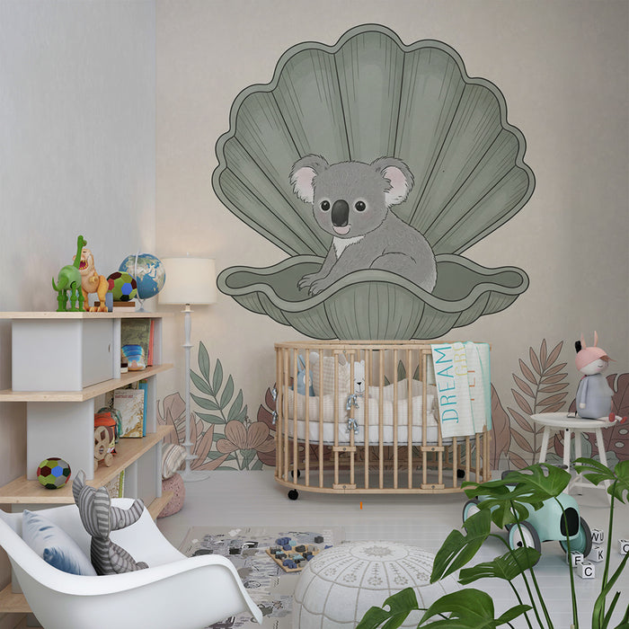 Nursery room wallpaper | Koala in a shell with tropical leaves