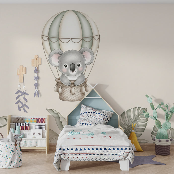 Tapet pentru camera de bebeluși | Koala într-un balon cu aer cald deasupra junglei