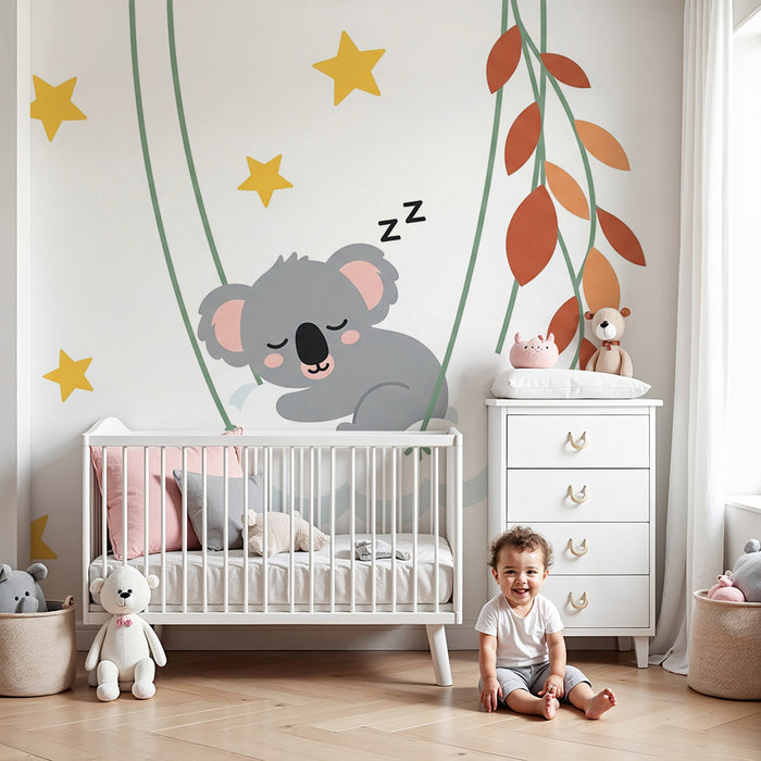 Nursery room wallpaper | Sleepy koala in the stars