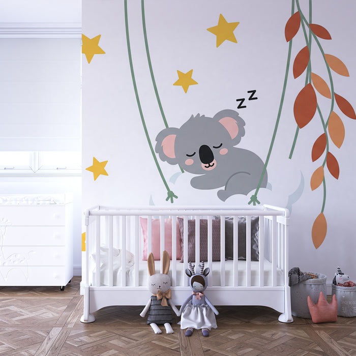 Nursery room wallpaper | Sleepy koala in the stars